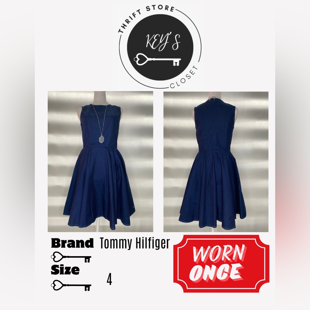 Sleeveless casual denim dress. 
Below the knee length. Zipper on the back.